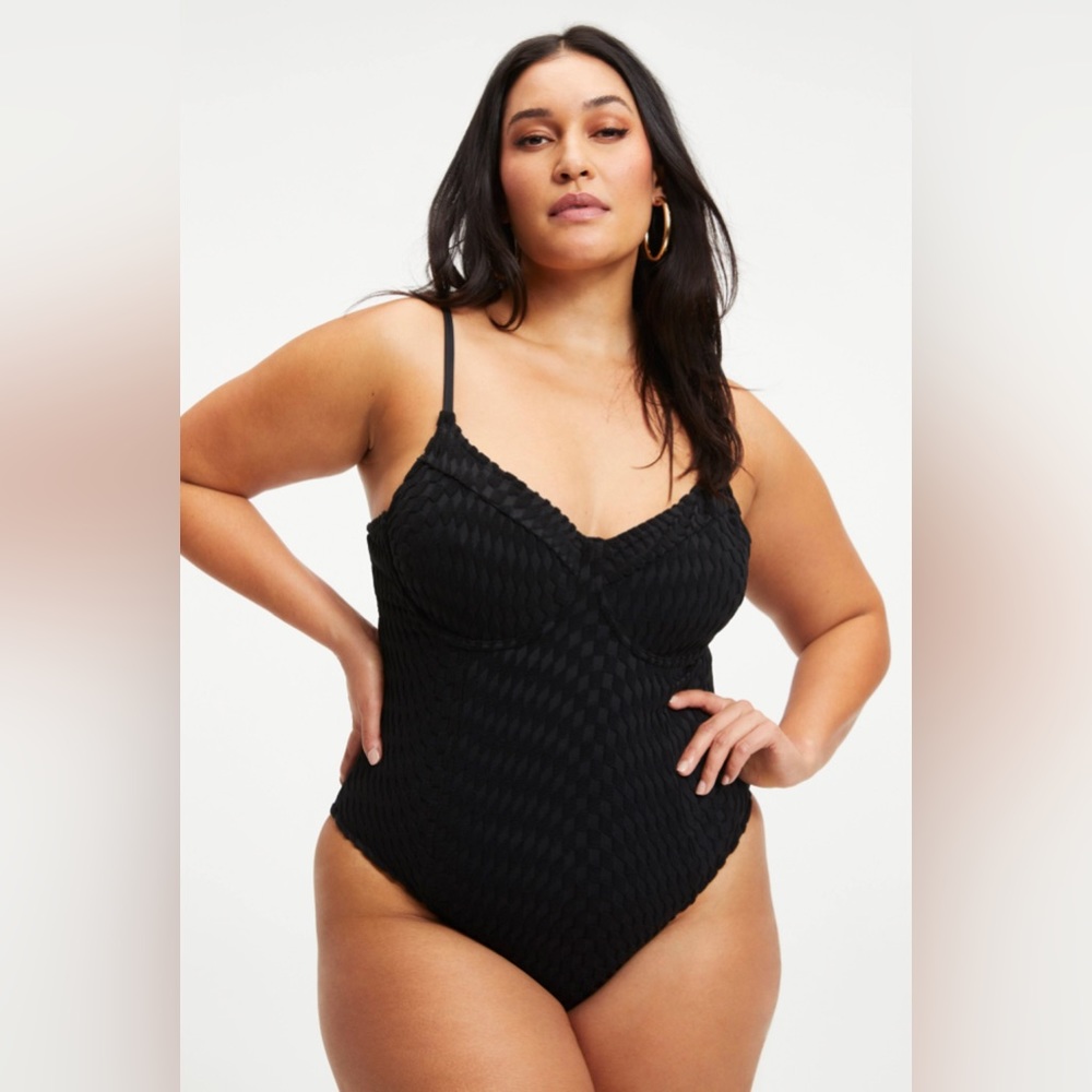 ♥️ Good American Size 6/ Size 3XL Black Jacquard One Piece Swimsuit Bathing Suit